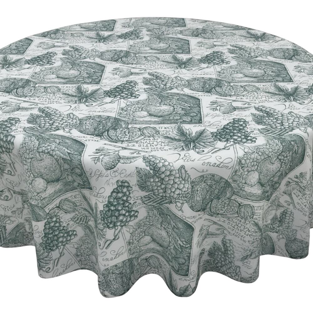 Round Tablecloth French Toile Fruit Vine Botanical Sage Green Cotton Hemmed 47"
